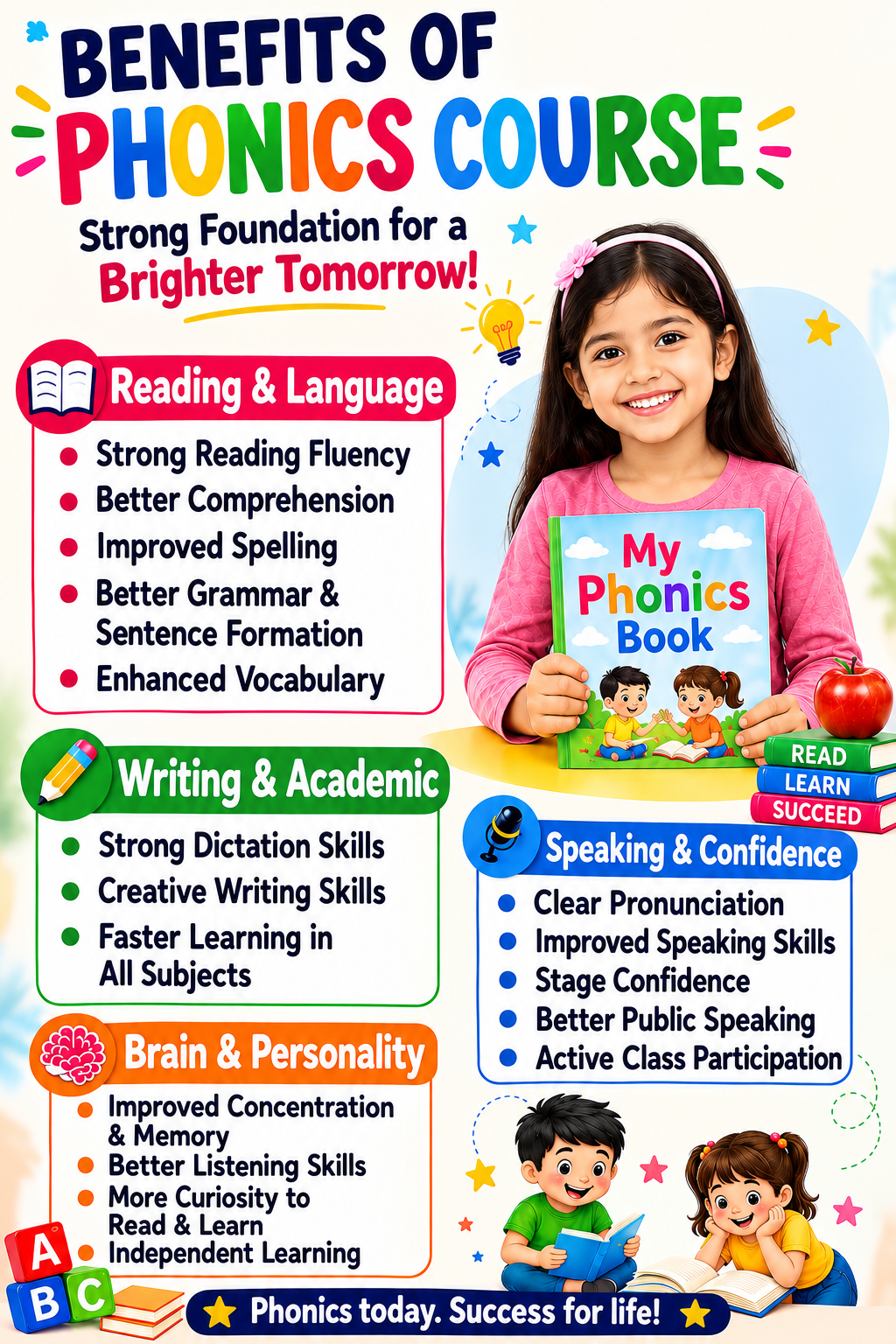 Benefits of a phonics course for reading, writing, speaking, confidence, and independent learning.