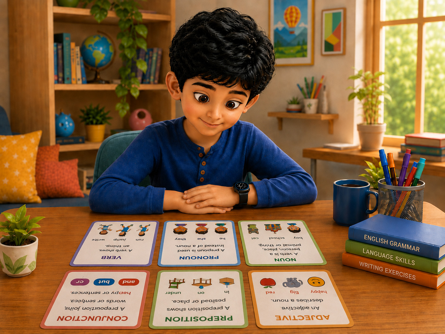 Older child practicing advanced grammar and sentence writing with picture cards.