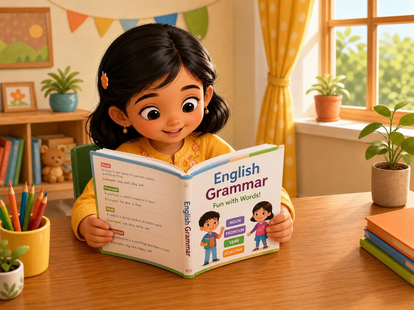 Young child building simple sentences with colorful picture-based grammar cards.