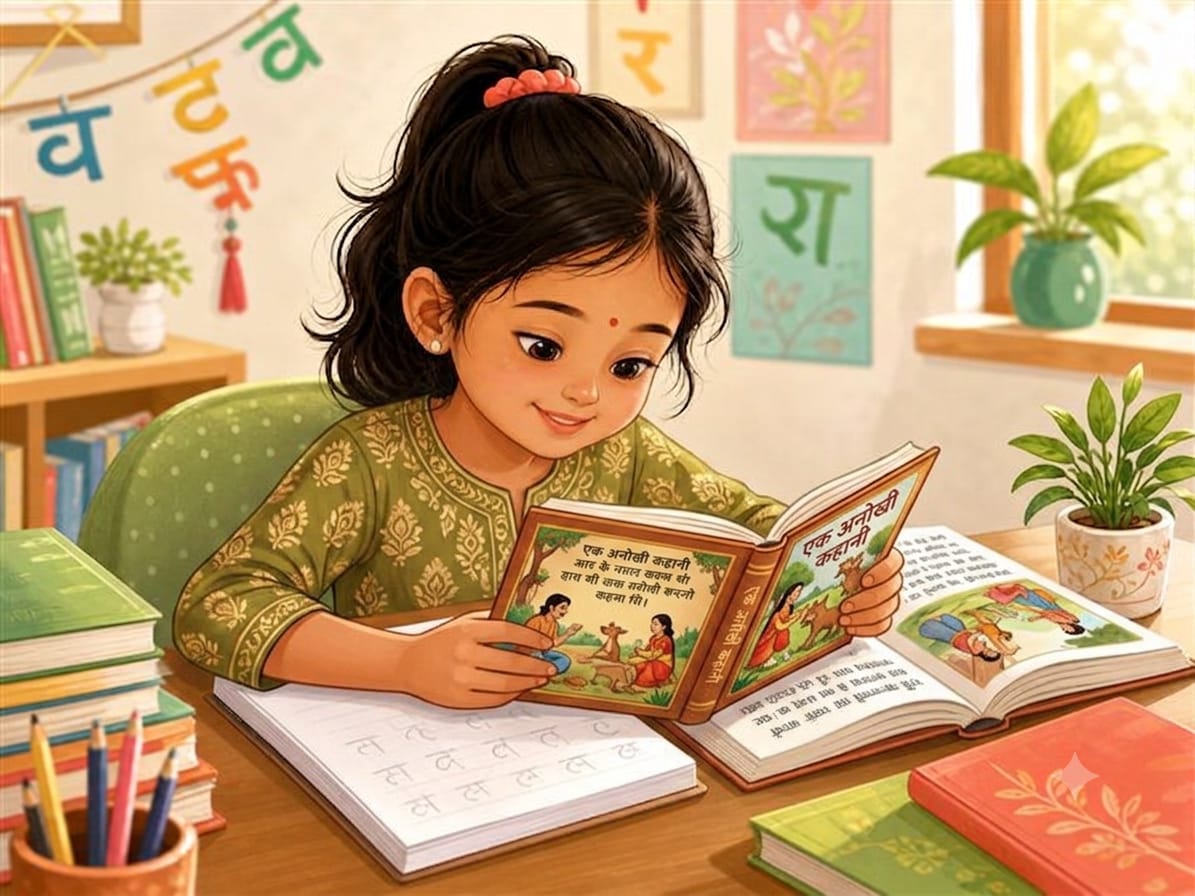Child reading and writing Hindi during guided practice.