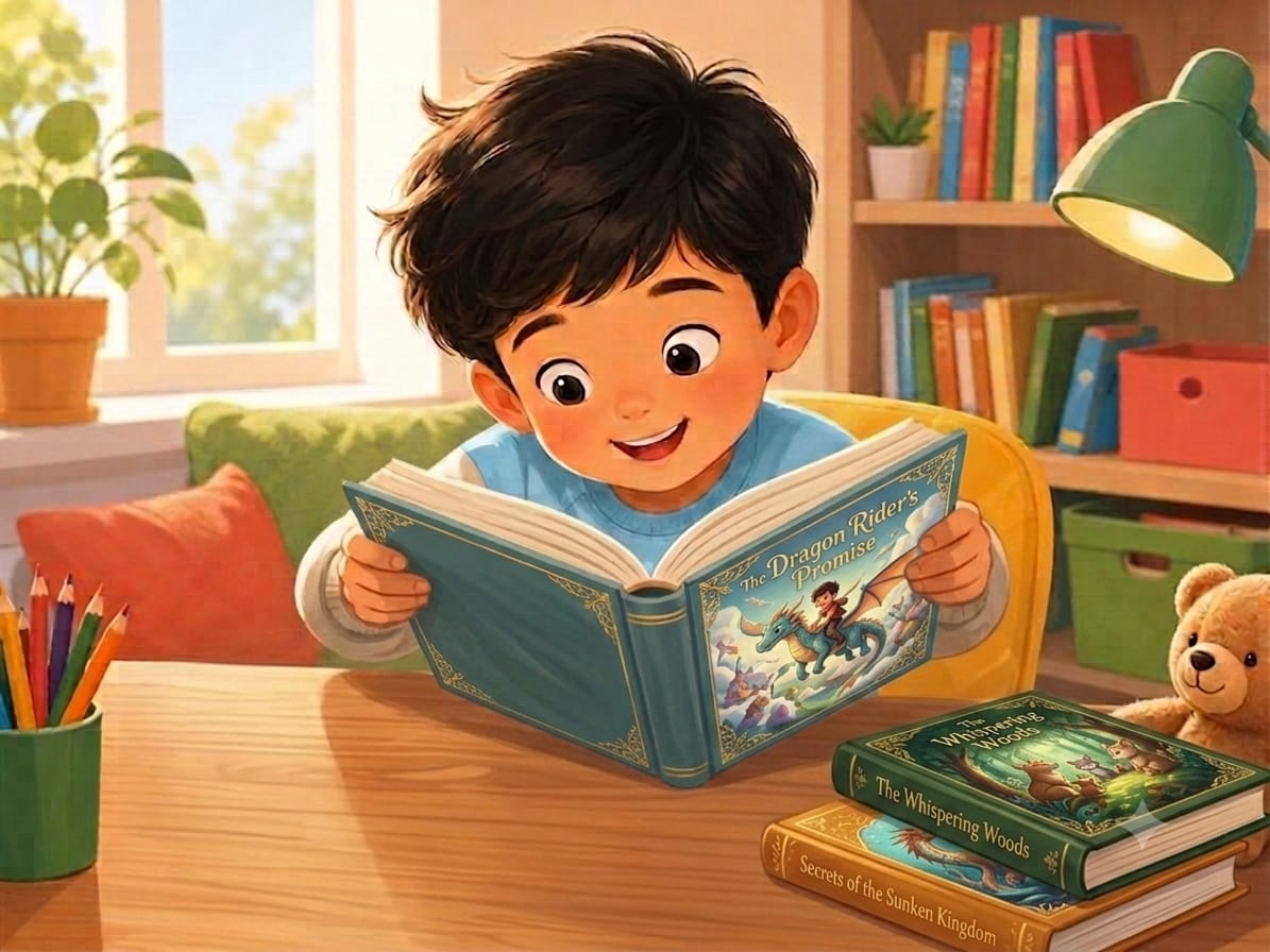 Young child reading a picture storybook for early comprehension.