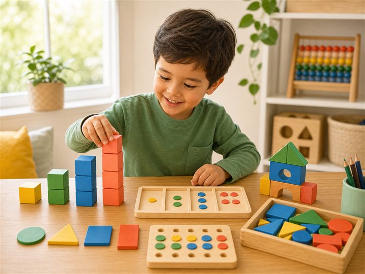 Young child counting colorful blocks and sorting shapes.