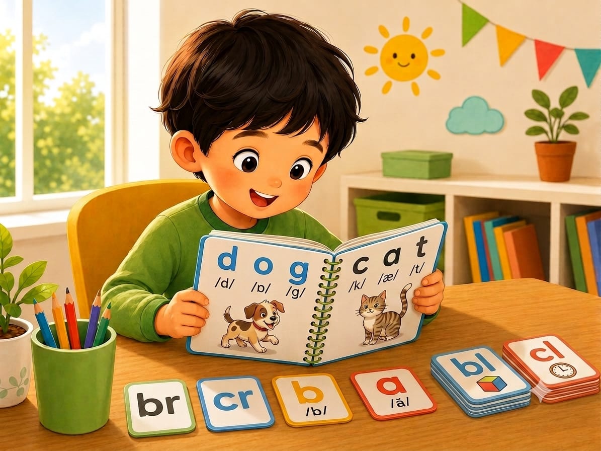 Young child practicing phonics letter sounds with colorful learning cards.