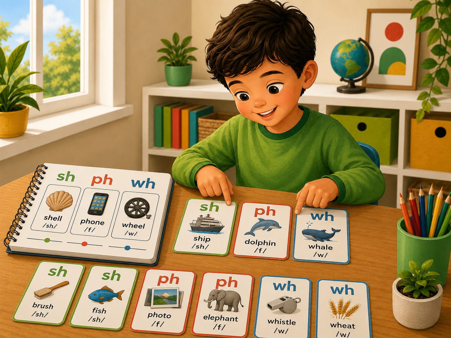 Child blending phonics sounds and building sentence practice.
