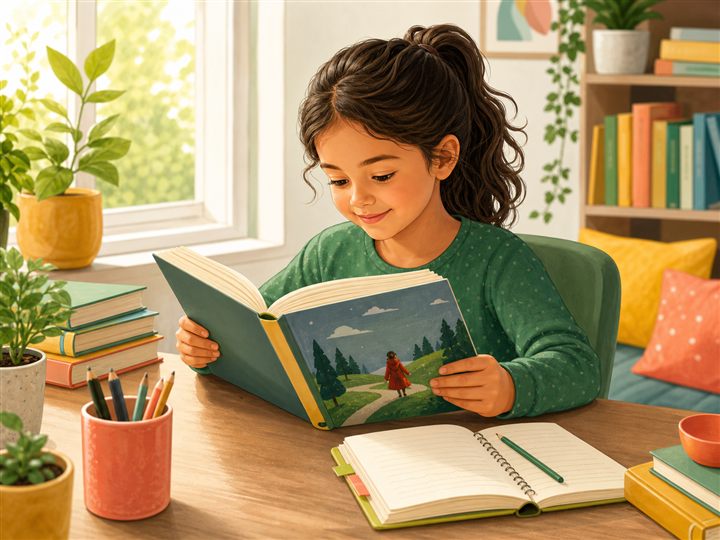 Older child reading independently with a notebook nearby.