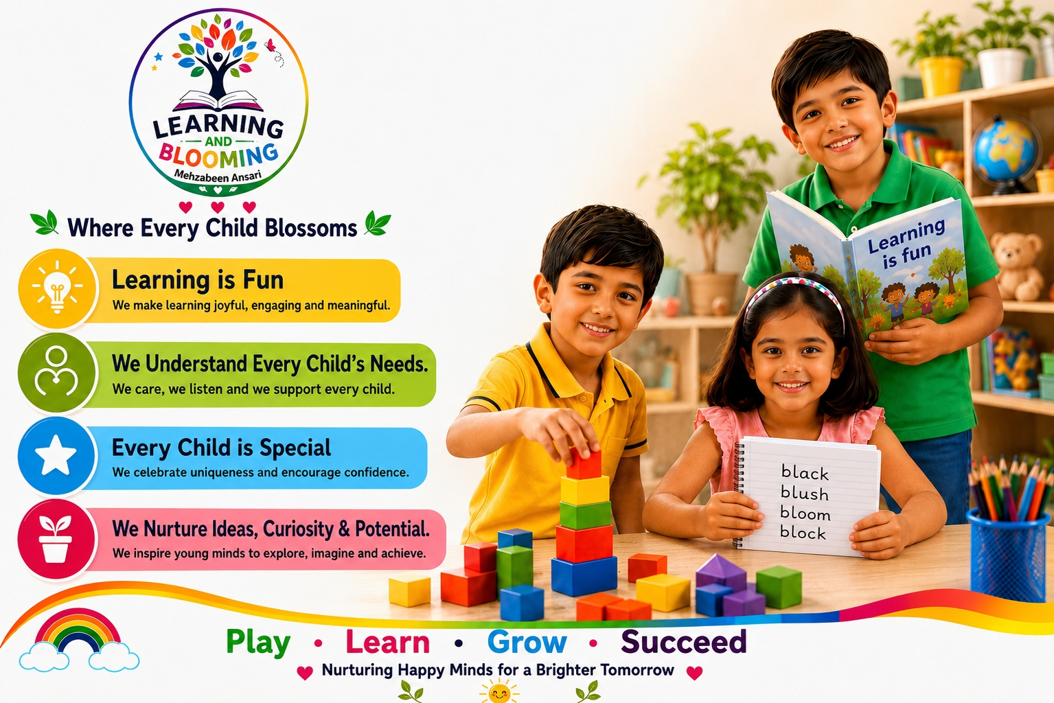 Learning and Blooming classroom hero with children learning and the message Where Every Child Blossoms.