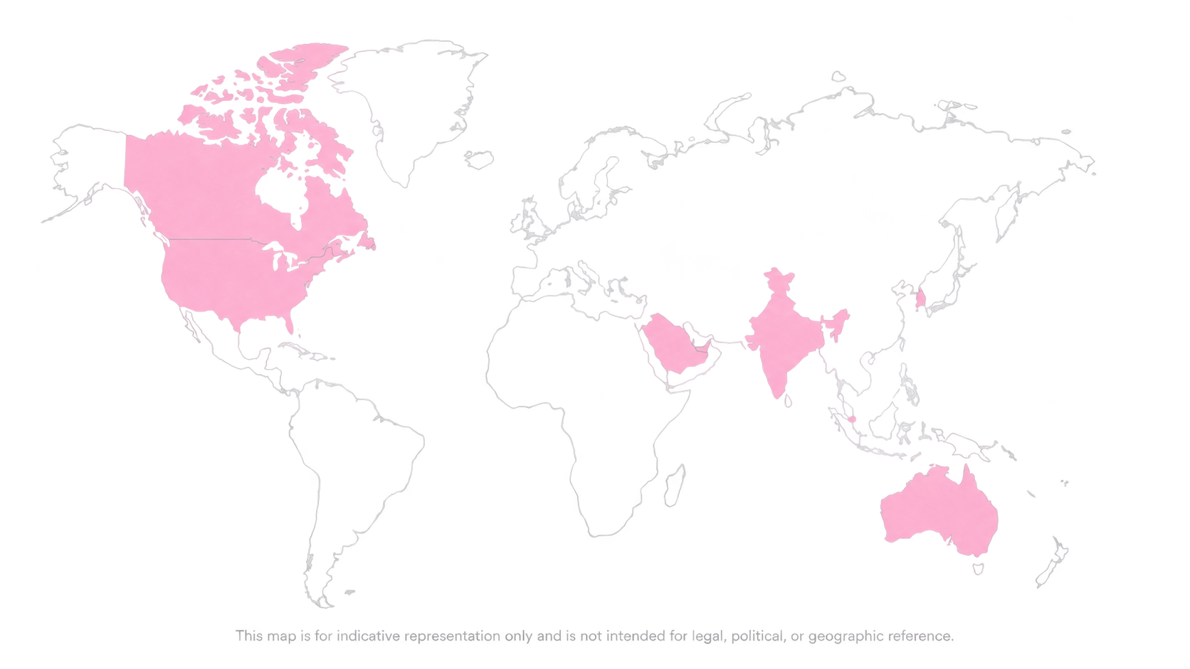 World map highlighting Australia, Saudi Arabia, UAE, USA, Korea, India, Canada and Singapore.